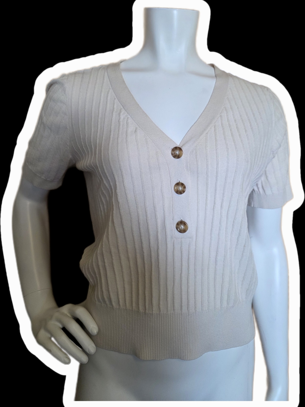 H&M Cream Ribbed Short-Sleeve V-Neck Top with Buttons